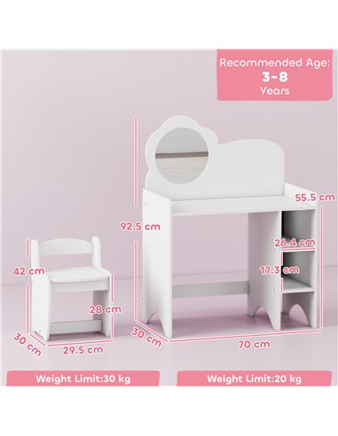 AIYAPLAY Kids Dressing Table with Mirror, Stool, Kids Vanity Table with Shelves, for Ages 3-8 Years, White