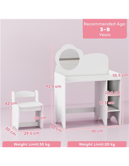 AIYAPLAY Kids Dressing Table with Mirror, Stool, Kids Vanity Table with Shelves, for Ages 3-8 Years, White