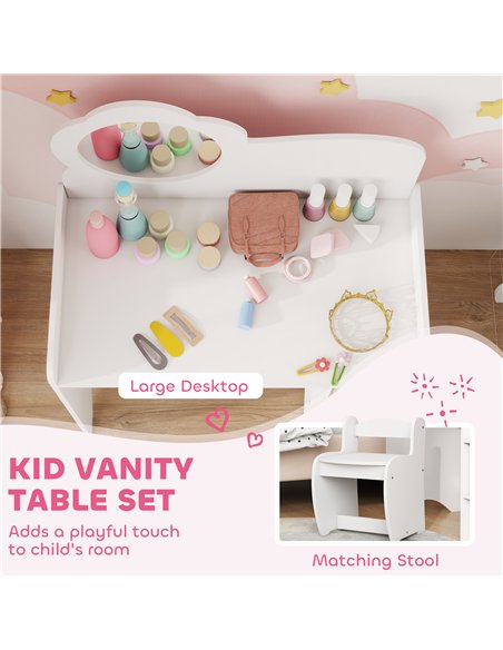 AIYAPLAY Kids Dressing Table with Mirror, Stool, Kids Vanity Table with Shelves, for Ages 3-8 Years, White