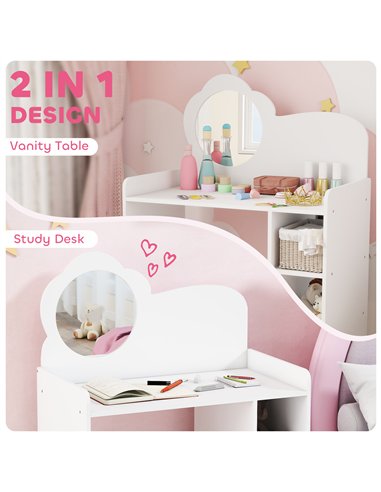 AIYAPLAY Kids Dressing Table with Mirror, Stool, Kids Vanity Table with Shelves, for Ages 3-8 Years, White
