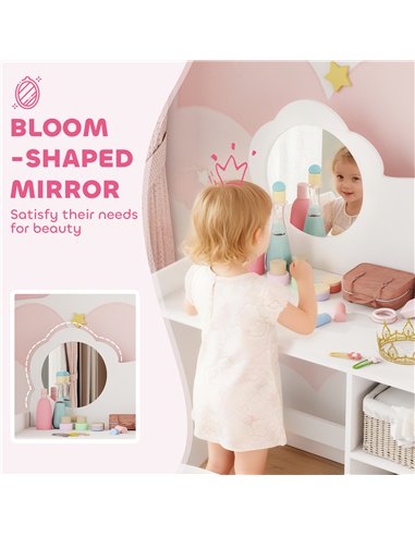 AIYAPLAY Kids Dressing Table with Mirror, Stool, Kids Vanity Table with Shelves, for Ages 3-8 Years, White