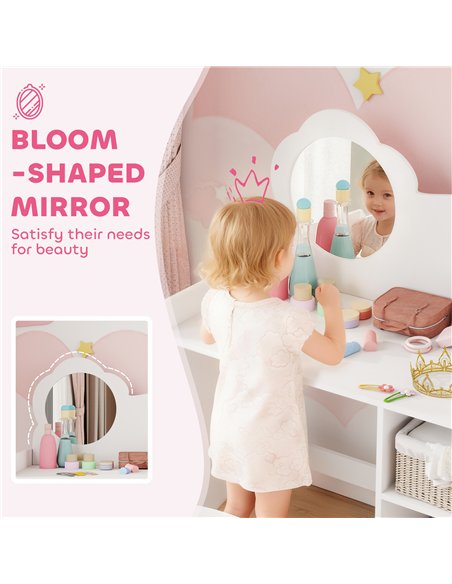 AIYAPLAY Kids Dressing Table with Mirror, Stool, Kids Vanity Table with Shelves, for Ages 3-8 Years, White