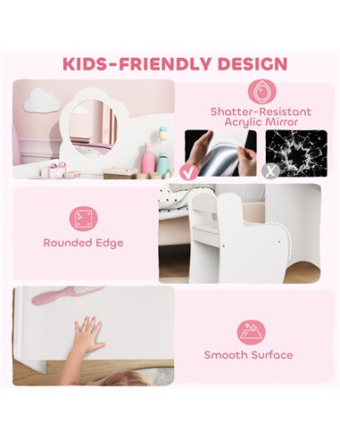 AIYAPLAY Kids Dressing Table with Mirror, Stool, Kids Vanity Table with Shelves, for Ages 3-8 Years, White