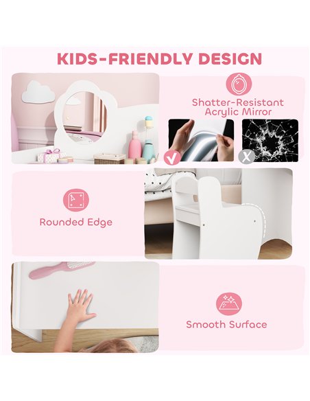 AIYAPLAY Kids Dressing Table with Mirror, Stool, Kids Vanity Table with Shelves, for Ages 3-8 Years, White