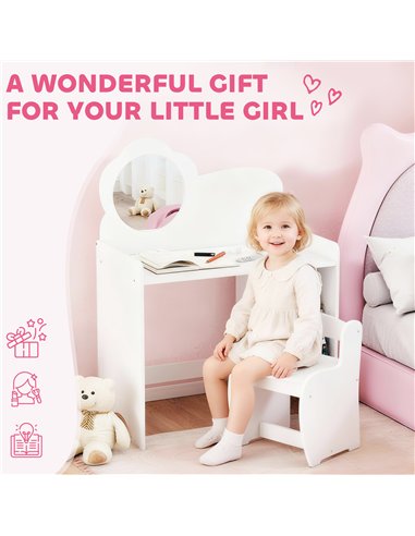 AIYAPLAY Kids Dressing Table with Mirror, Stool, Kids Vanity Table with Shelves, for Ages 3-8 Years, White