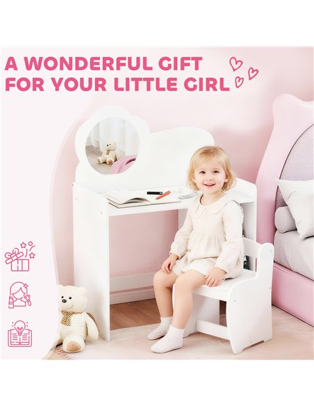 AIYAPLAY Kids Dressing Table with Mirror, Stool, Kids Vanity Table with Shelves, for Ages 3-8 Years, White