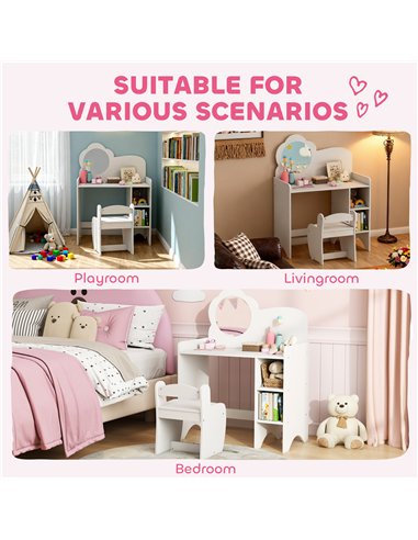 AIYAPLAY Kids Dressing Table with Mirror, Stool, Kids Vanity Table with Shelves, for Ages 3-8 Years, White