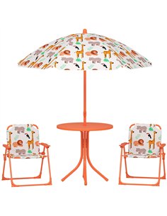 AIYAPLAY Kids Patio Set, Children Table and Chair Set, Outdoor Picnic Table with 2 Folding Chairs and Umbrella, Orange