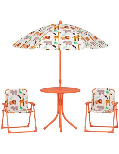AIYAPLAY Kids Patio Set, Children Table and Chair Set, Outdoor Picnic Table with 2 Folding Chairs and Umbrella, Orange