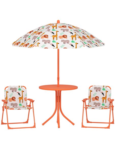 AIYAPLAY Kids Patio Set, Children Table and Chair Set, Outdoor Picnic Table with 2 Folding Chairs and Umbrella, Orange