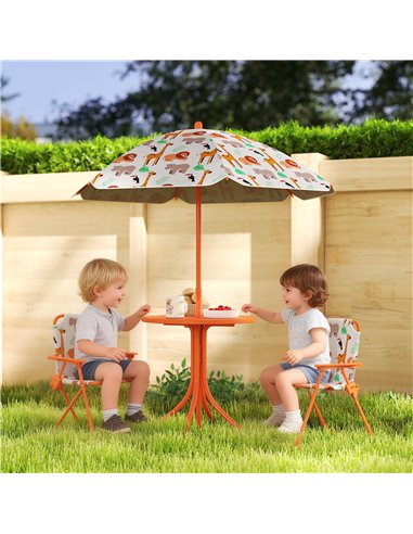 AIYAPLAY Kids Patio Set, Children Table and Chair Set, Outdoor Picnic Table with 2 Folding Chairs and Umbrella, Orange