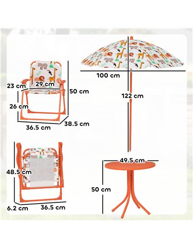 AIYAPLAY Kids Patio Set, Children Table and Chair Set, Outdoor Picnic Table with 2 Folding Chairs and Umbrella, Orange
