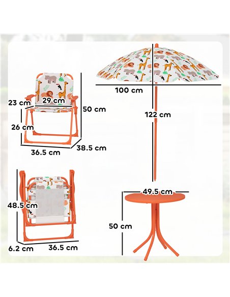 AIYAPLAY Kids Patio Set, Children Table and Chair Set, Outdoor Picnic Table with 2 Folding Chairs and Umbrella, Orange