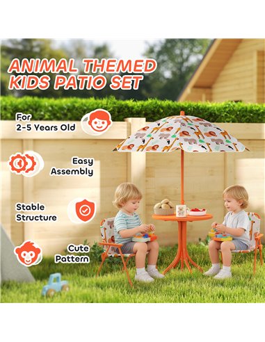 AIYAPLAY Kids Patio Set, Children Table and Chair Set, Outdoor Picnic Table with 2 Folding Chairs and Umbrella, Orange