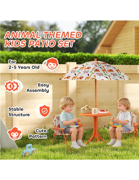 AIYAPLAY Kids Patio Set, Children Table and Chair Set, Outdoor Picnic Table with 2 Folding Chairs and Umbrella, Orange