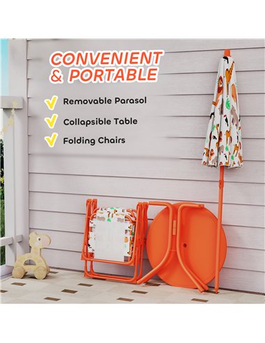 AIYAPLAY Kids Patio Set, Children Table and Chair Set, Outdoor Picnic Table with 2 Folding Chairs and Umbrella, Orange