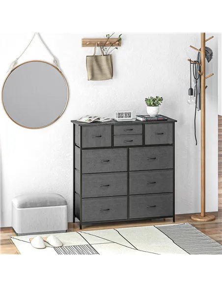 HOMCOM Bedroom Chest of Drawers, 10 Drawer Dresser with Foldable Fabric Drawers and Steel Frame, Black