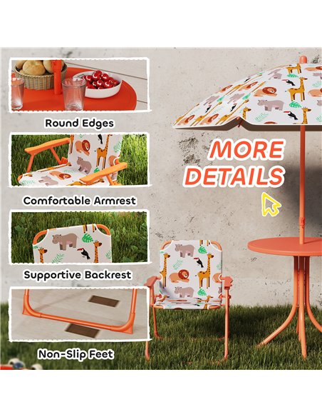 AIYAPLAY Kids Patio Set, Children Table and Chair Set, Outdoor Picnic Table with 2 Folding Chairs and Umbrella, Orange