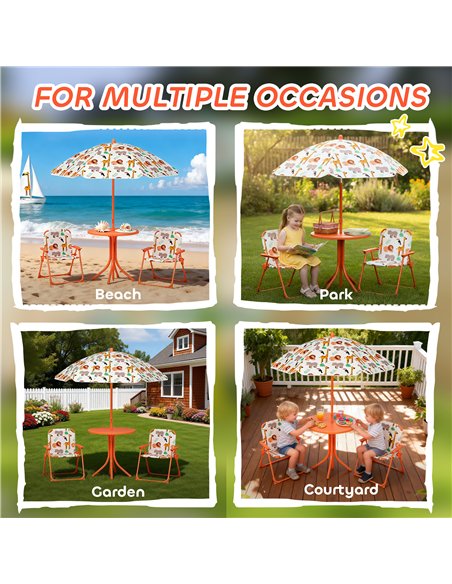 AIYAPLAY Kids Patio Set, Children Table and Chair Set, Outdoor Picnic Table with 2 Folding Chairs and Umbrella, Orange