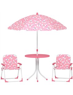 AIYAPLAY Kids Patio Table and Chair Set, Kids Garden Furniture with Umbrella, 4-Piece Bistro Set for Garden, Pink