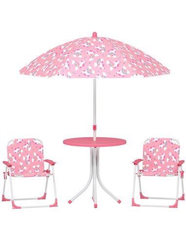 AIYAPLAY Kids Patio Table and Chair Set, Kids Garden Furniture with Umbrella, 4-Piece Bistro Set for Garden, Pink
