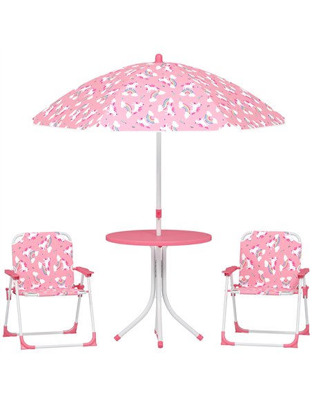 AIYAPLAY Kids Patio Table and Chair Set, Kids Garden Furniture with Umbrella, 4-Piece Bistro Set for Garden, Pink