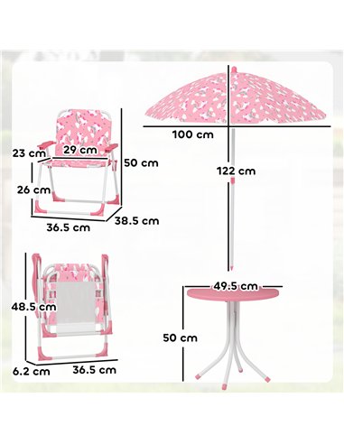 AIYAPLAY Kids Patio Table and Chair Set, Kids Garden Furniture with Umbrella, 4-Piece Bistro Set for Garden, Pink