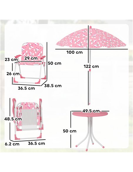 AIYAPLAY Kids Patio Table and Chair Set, Kids Garden Furniture with Umbrella, 4-Piece Bistro Set for Garden, Pink
