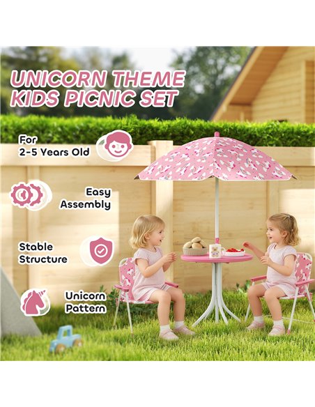 AIYAPLAY Kids Patio Table and Chair Set, Kids Garden Furniture with Umbrella, 4-Piece Bistro Set for Garden, Pink