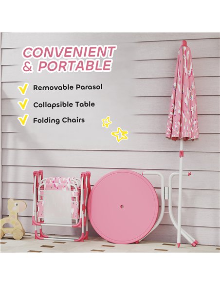 AIYAPLAY Kids Patio Table and Chair Set, Kids Garden Furniture with Umbrella, 4-Piece Bistro Set for Garden, Pink