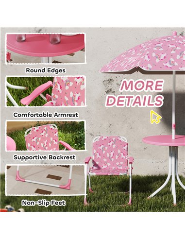 AIYAPLAY Kids Patio Table and Chair Set, Kids Garden Furniture with Umbrella, 4-Piece Bistro Set for Garden, Pink