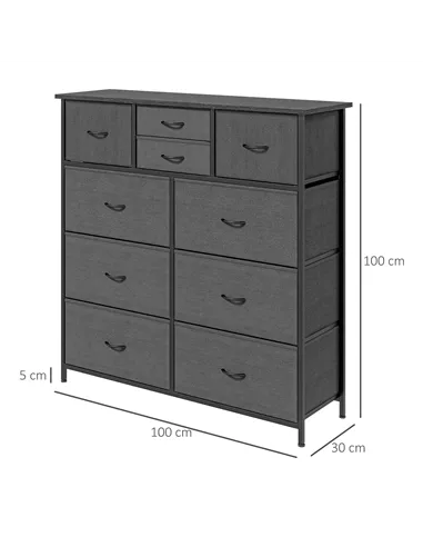HOMCOM Bedroom Chest of Drawers, 10 Drawer Dresser with Foldable Fabric Drawers and Steel Frame, Black