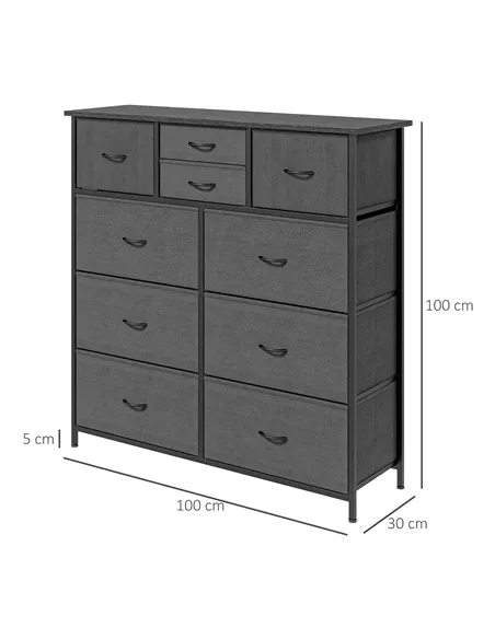 HOMCOM Bedroom Chest of Drawers, 10 Drawer Dresser with Foldable Fabric Drawers and Steel Frame, Black