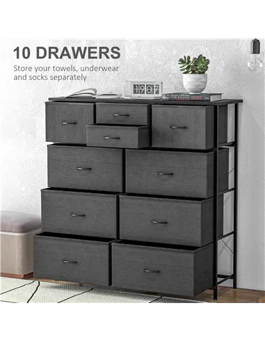 HOMCOM Bedroom Chest of Drawers, 10 Drawer Dresser with Foldable Fabric Drawers and Steel Frame, Black