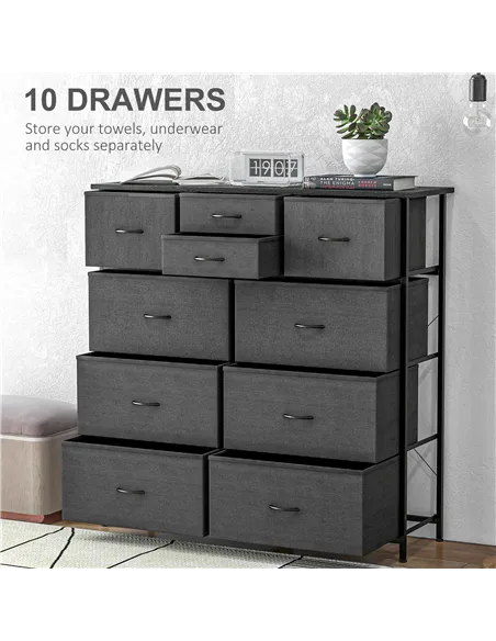 HOMCOM Bedroom Chest of Drawers, 10 Drawer Dresser with Foldable Fabric Drawers and Steel Frame, Black