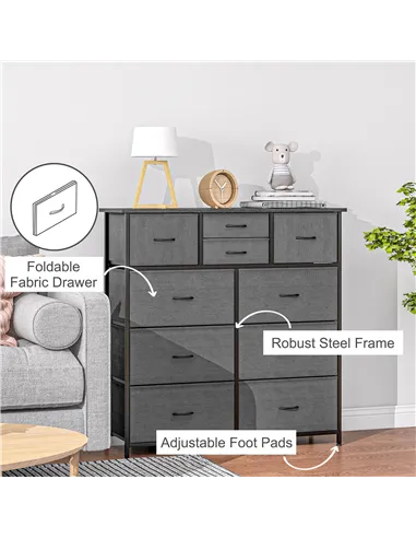 HOMCOM Bedroom Chest of Drawers, 10 Drawer Dresser with Foldable Fabric Drawers and Steel Frame, Black