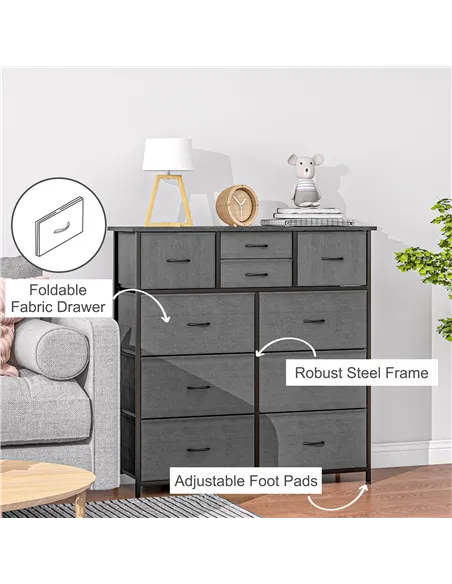 HOMCOM Bedroom Chest of Drawers, 10 Drawer Dresser with Foldable Fabric Drawers and Steel Frame, Black