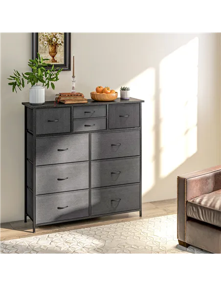 HOMCOM Bedroom Chest of Drawers, 10 Drawer Dresser with Foldable Fabric Drawers and Steel Frame, Black