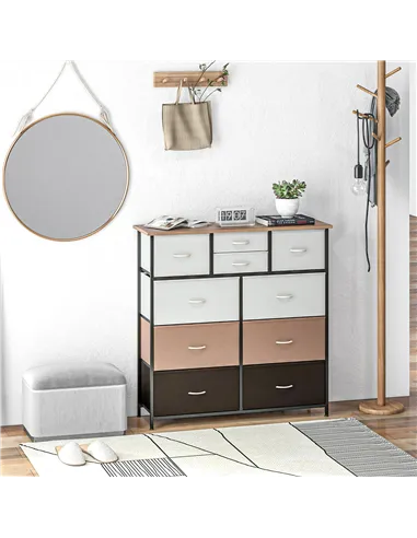 HOMCOM Bedroom Chest of Drawers, 10 Drawer Dresser with Foldable Fabric Drawers and Steel Frame, Multicolour