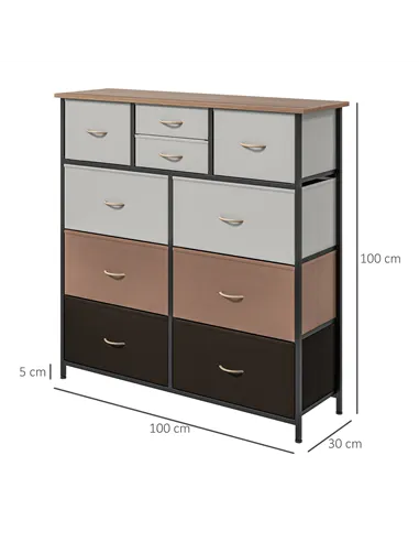 HOMCOM Bedroom Chest of Drawers, 10 Drawer Dresser with Foldable Fabric Drawers and Steel Frame, Multicolour
