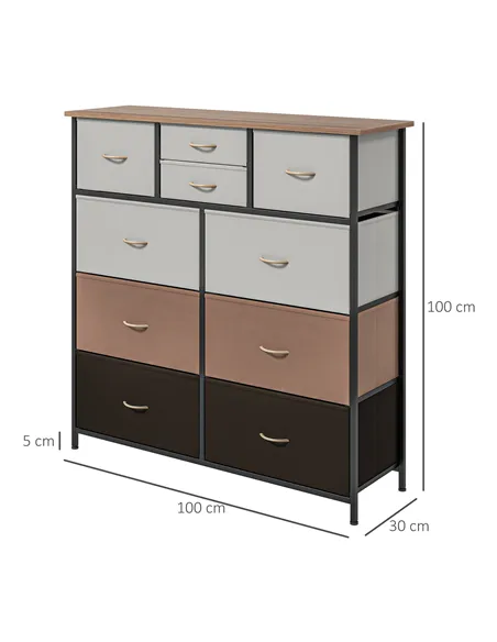 HOMCOM Bedroom Chest of Drawers, 10 Drawer Dresser with Foldable Fabric Drawers and Steel Frame, Multicolour