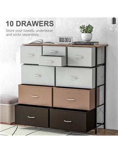 HOMCOM Bedroom Chest of Drawers, 10 Drawer Dresser with Foldable Fabric Drawers and Steel Frame, Multicolour