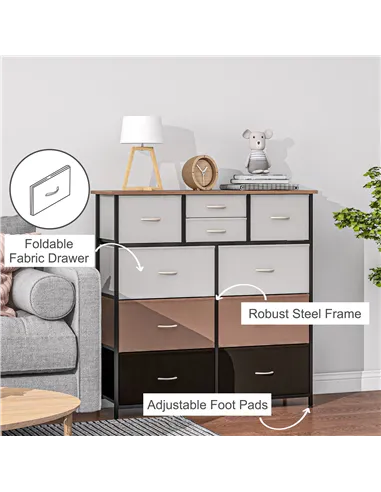 HOMCOM Bedroom Chest of Drawers, 10 Drawer Dresser with Foldable Fabric Drawers and Steel Frame, Multicolour