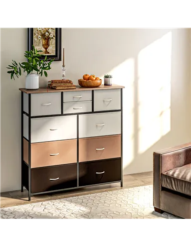 HOMCOM Bedroom Chest of Drawers, 10 Drawer Dresser with Foldable Fabric Drawers and Steel Frame, Multicolour