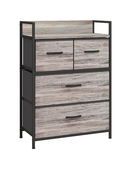 HOMCOM Rustic Chest of Four Fabric Drawers - Grey Wood Effect