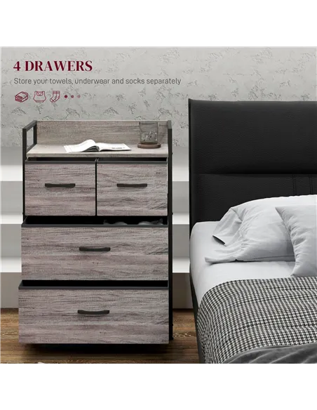 HOMCOM Rustic Chest of Four Fabric Drawers - Grey Wood Effect