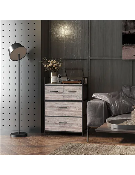 HOMCOM Rustic Chest of Four Fabric Drawers - Grey Wood Effect