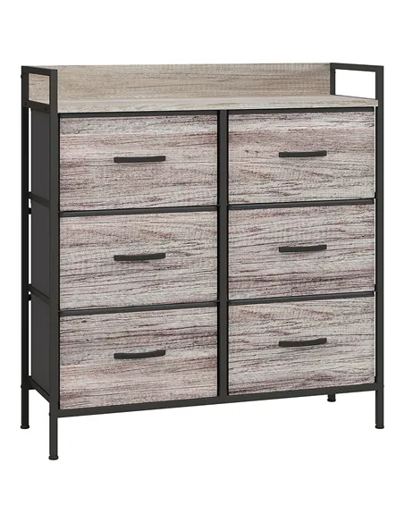 HOMCOM Rustic Chest of Six Fabric Drawers - Grey Wood Effect