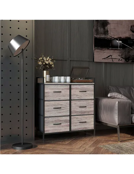 HOMCOM Rustic Chest of Six Fabric Drawers - Grey Wood Effect