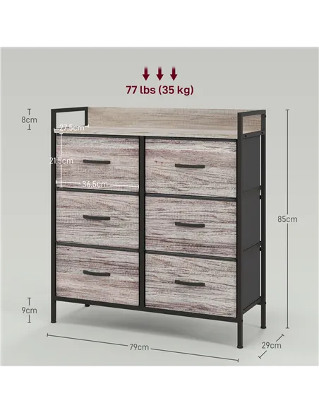 HOMCOM Rustic Chest of Six Fabric Drawers - Grey Wood Effect